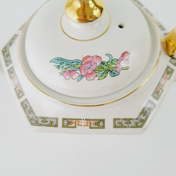 Vintage Sadler Indian Tree Teapot Hexagonal Shape Pink Oriental Floral Gold Trim - Picture 10 of 13